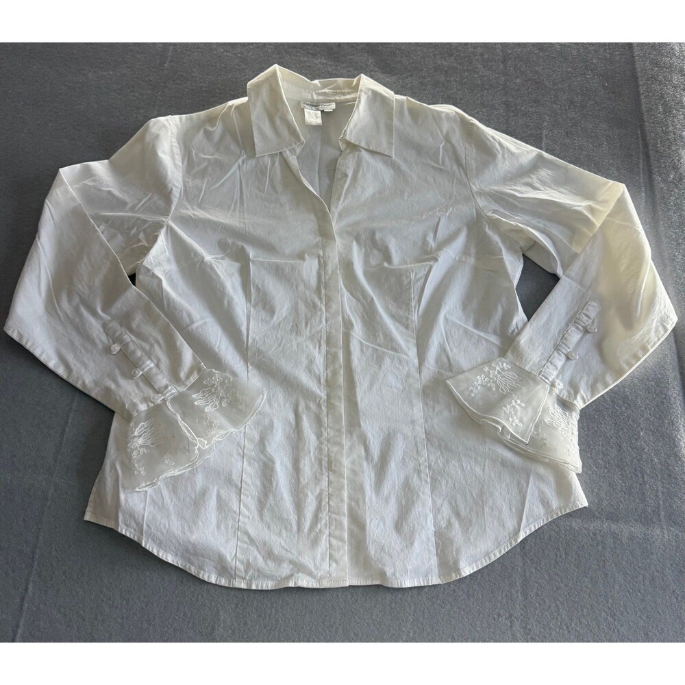 Cold Water Creek Button Up Blouse with Sheer Bell Sleeve Floral Detail, Large - Picture 2 of 4